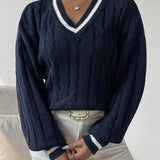 Freja | Gestreiftes Kabelstrickpullover Mit V Neck