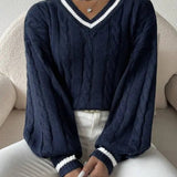 Freja | Gestreiftes Kabelstrickpullover Mit V Neck