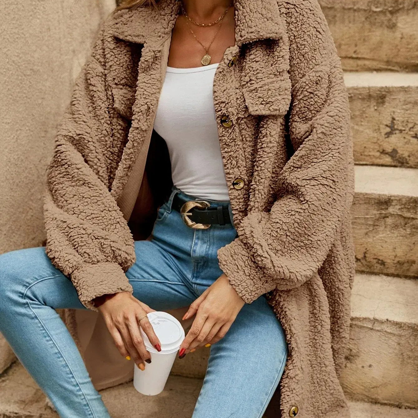 Halie | Bequeme Teddy-Jacke mit Knopfleiste & Brusttaschen