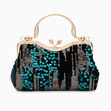 Alyannah | Navyblaue Samt-Clutch mit goldenen Pailletten & verziertem Griff – Elegante Abendtasche für Damen