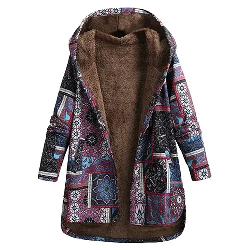Evaan | Damen Boho Patchwork Kapuzenjacke mit warmer Fütterung