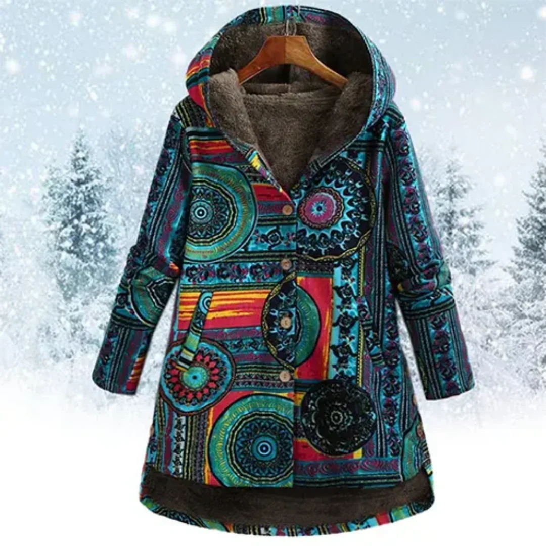 Evaan | Damen Boho Patchwork Kapuzenjacke mit warmer Fütterung