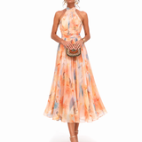 Elegantes Maxi Kleid für Damen mit Aquarell-Druck und Halterneck