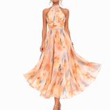 Elegantes Maxi Kleid für Damen mit Aquarell-Druck und Halterneck