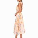 Elegantes Maxi Kleid für Damen mit Aquarell-Druck und Halterneck