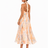 Elegantes Maxi Kleid für Damen mit Aquarell-Druck und Halterneck