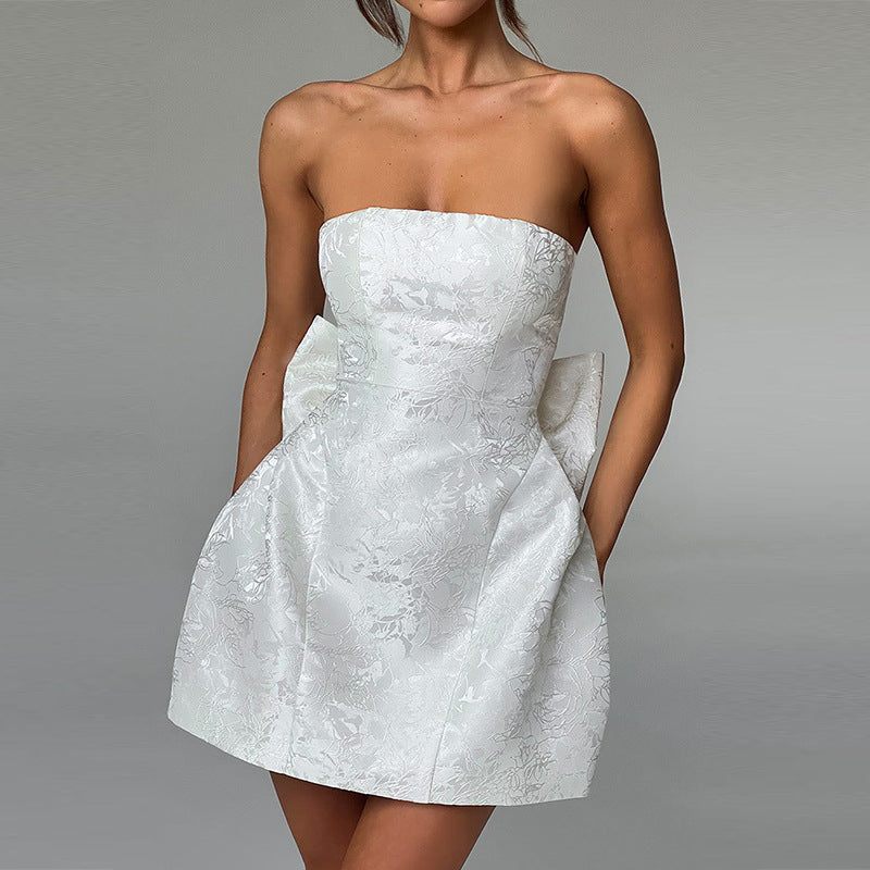 Robe de cocktail mini champagne – robe de soirée à épaules dénudées avec détail nœud 