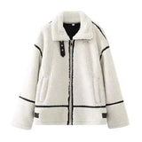 Dominique | Lässige Jacke mit Pelzkragen und Farbblockierung