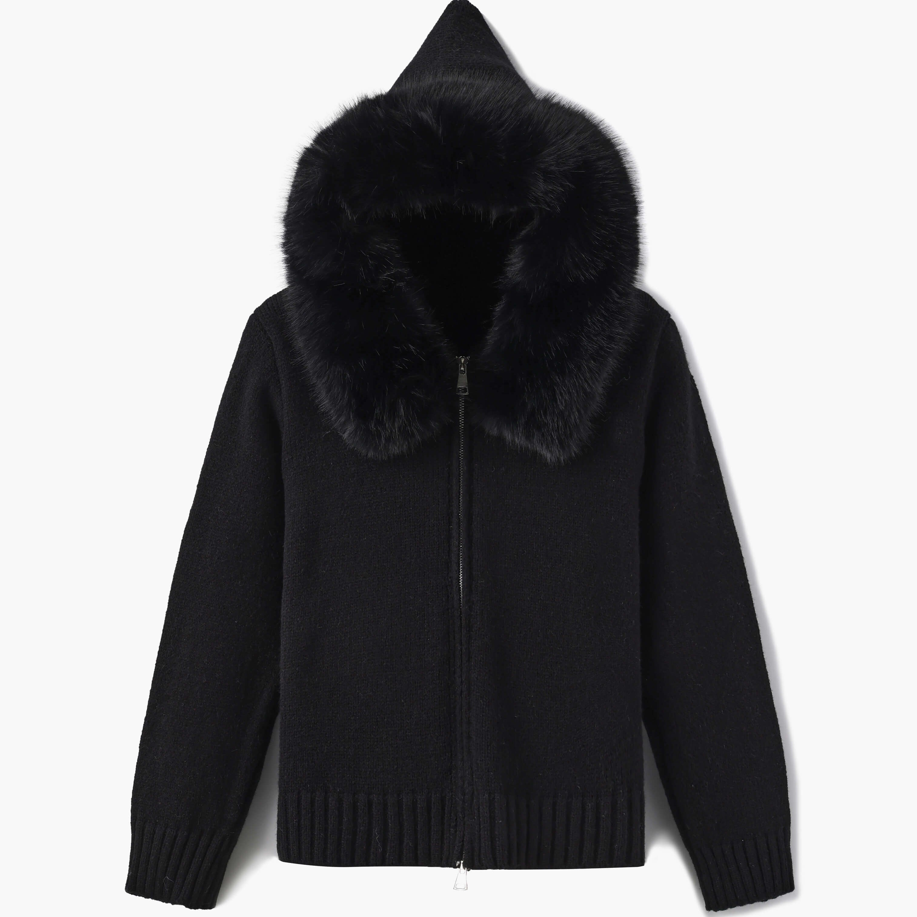 Damen Strickjacke Grau mit Kapuze und Kunstpelz – Warme Winterjacke