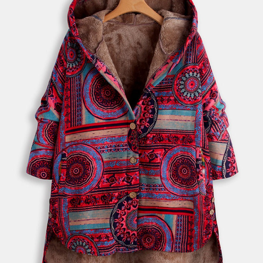 Evaan | Damen Boho Patchwork Kapuzenjacke mit warmer Fütterung