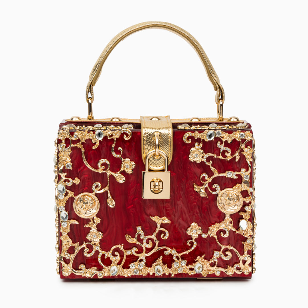 Luxus-Acryl Clutch in Himmelblau mit barockem Golddekor – Vintage-inspirierte Abendtasche