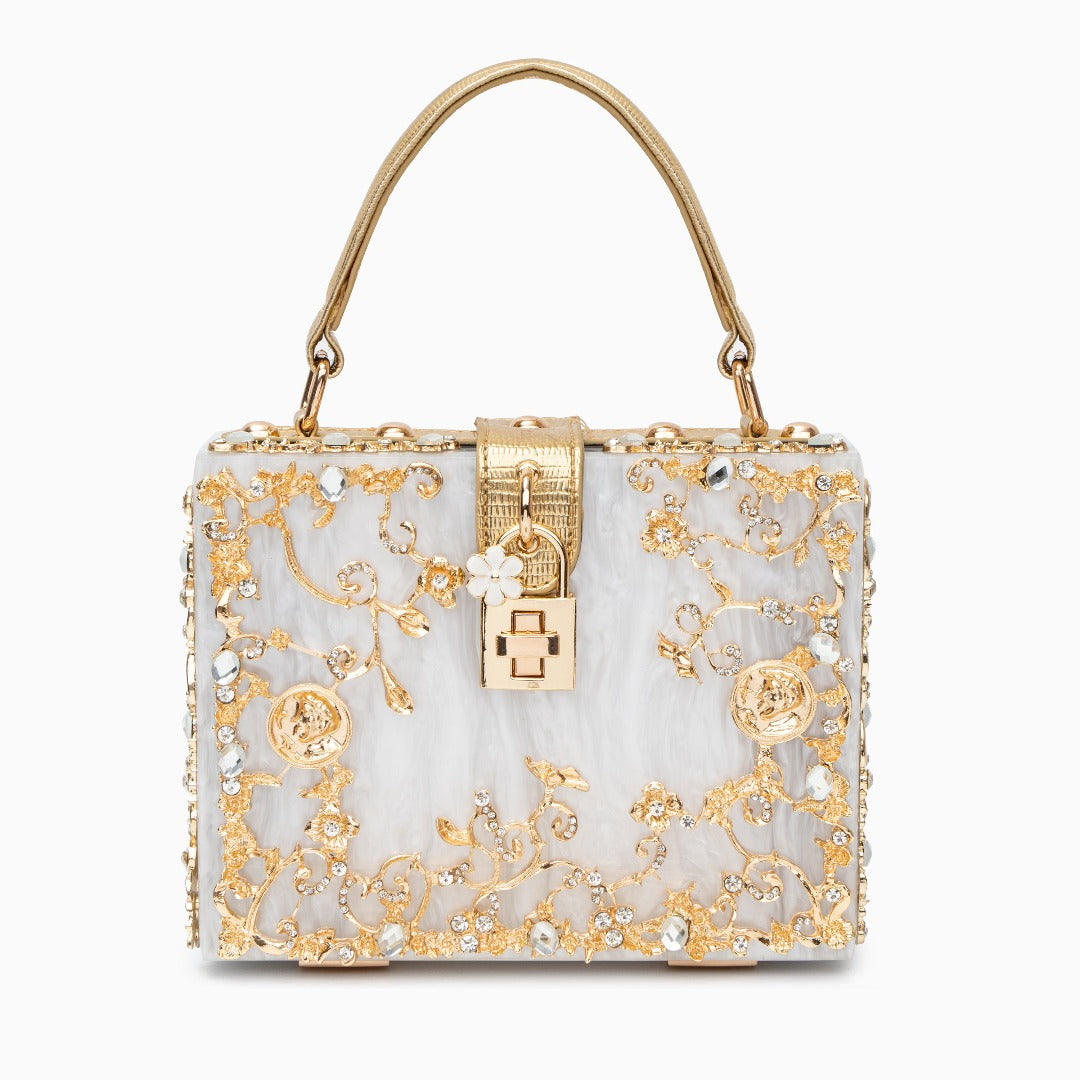Luxus-Acryl Clutch in Himmelblau mit barockem Golddekor – Vintage-inspirierte Abendtasche