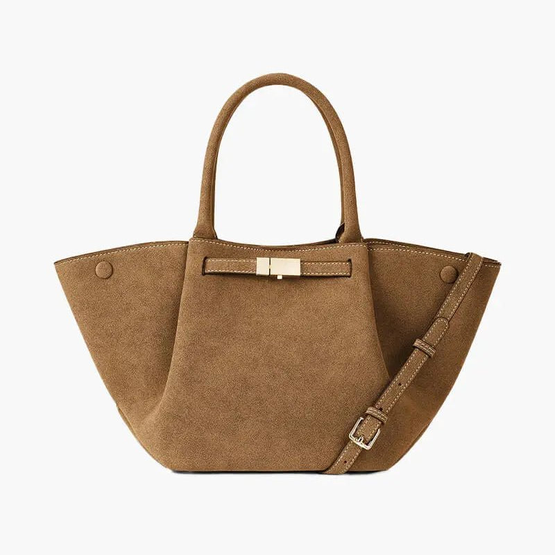 Melany | Strukturierte Tote Bag aus braunem Wildleder mit goldfarbenem Verschluss, Tragegriff & Schulterriemen