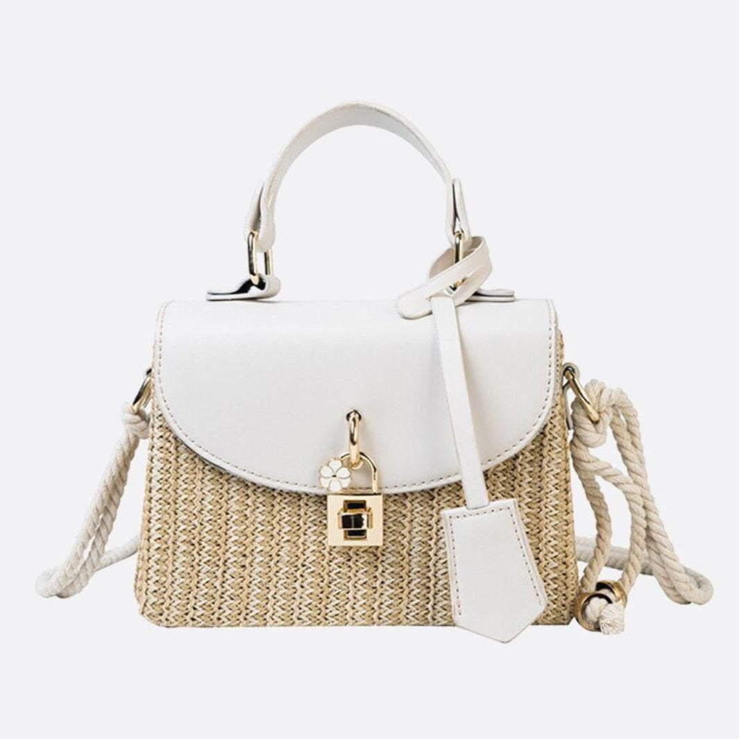 Livia | Kleine Damen-Strohtasche mit schwarzer Kunstleder-Klappe, Henkel & abnehmbarem Schultergurt – Crossbody- & Handtasche für Sommer