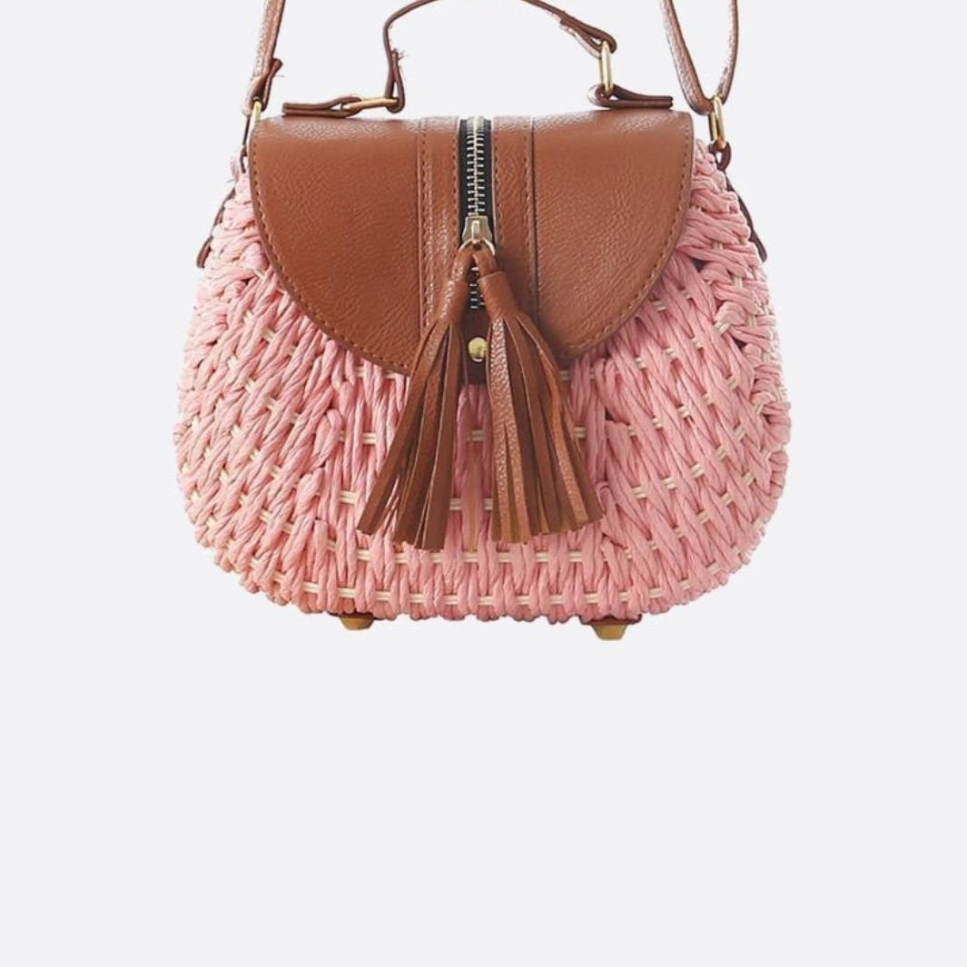 Lina | Kleine Schultertasche aus Strohseil mit verstellbarem Riemen & Quasten-Detail – Crossbody Sommertasche