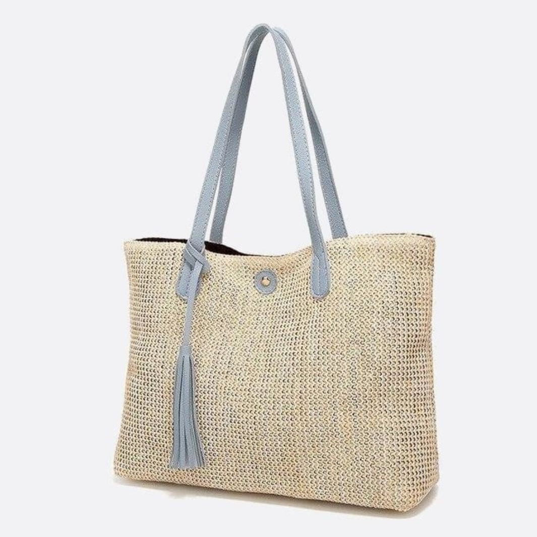 Mira | Große Strohtasche mit langen Tragehenkeln & Deko-Pompon – Sommerlicher Shopper aus Naturmaterial