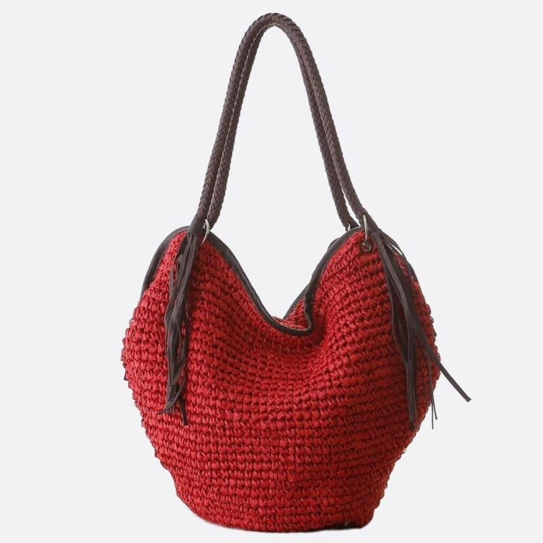 Mira | Weiche Strohtasche mit geflochtenem Schulterriemen & Lederfransen – Boho-Sommertasche für Damen